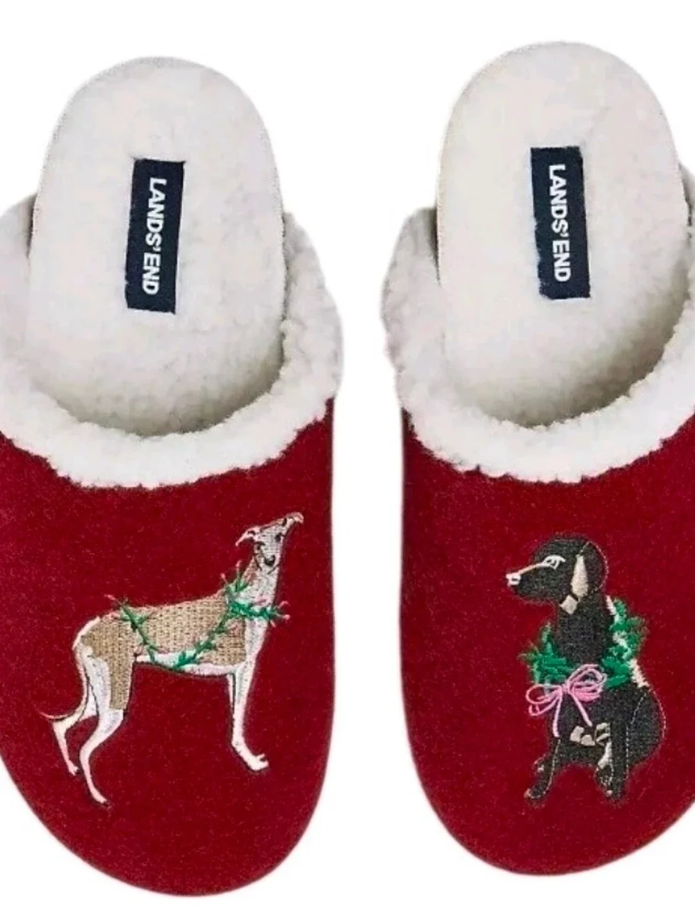 Lands' End Red Dog Embroidered Natural Sherpa-Lined Slippers